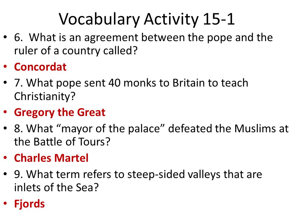 Vocabulary Activity What is an agreement between the pope and the ruler of a country called