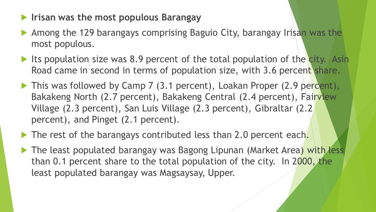 Irisan was the most populous Barangay