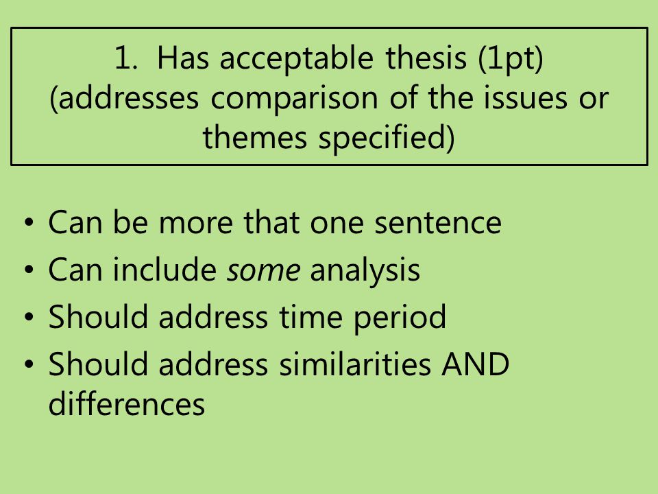 1. Has acceptable thesis (1pt) (addresses comparison of the issues or themes specified)