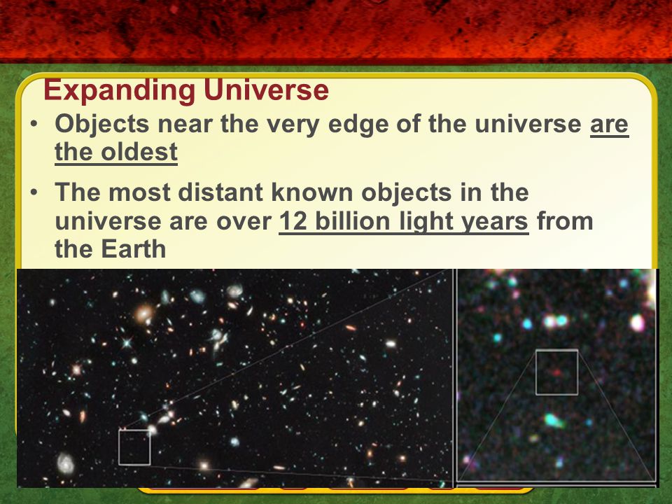 Expanding Universe Objects near the very edge of the universe are the oldest.