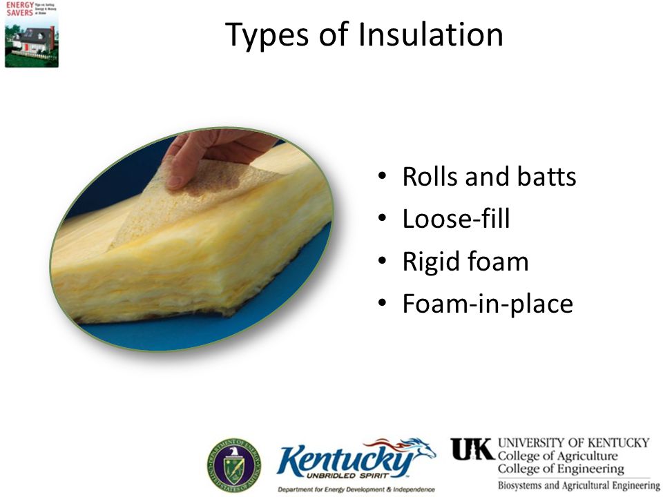 Types of Insulation Rolls and batts Loose-fill Rigid foam