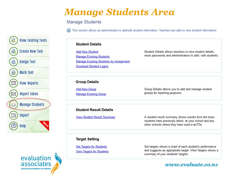 Manage Students Area