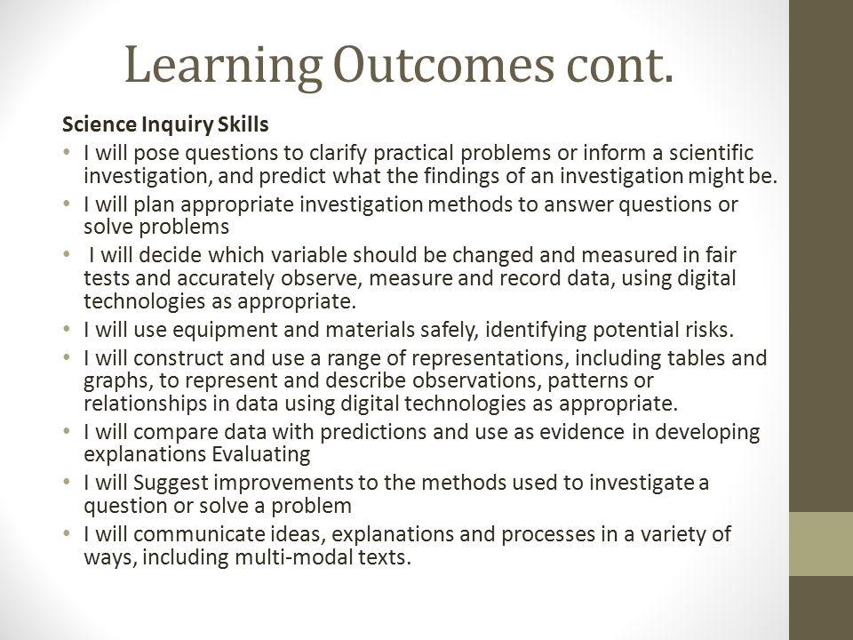 Learning Outcomes cont.