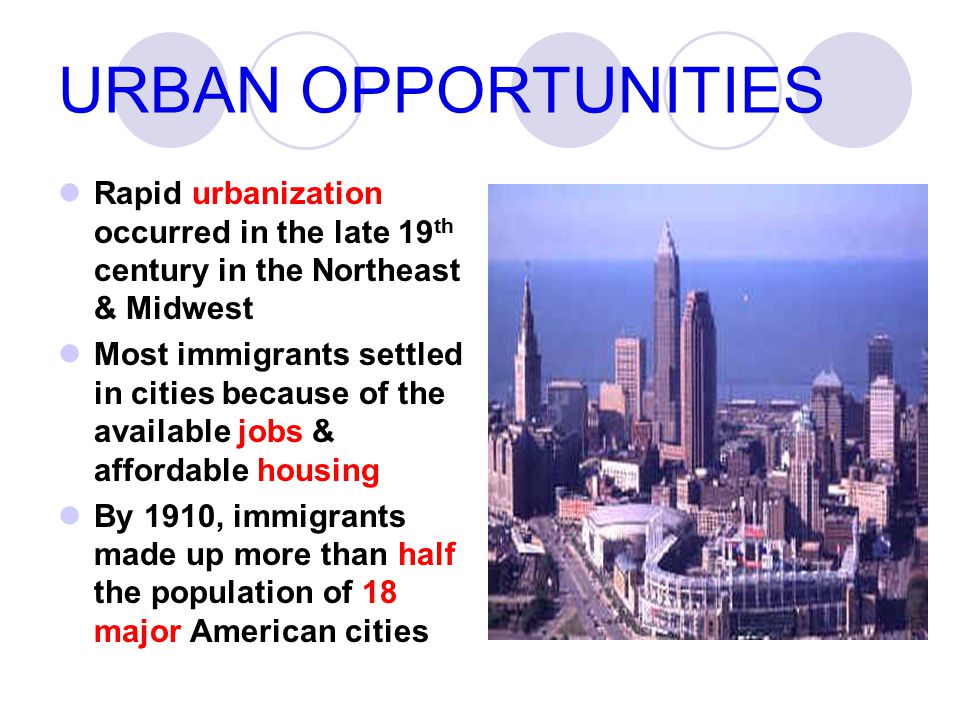 URBAN OPPORTUNITIES Rapid urbanization occurred in the late 19th century in the Northeast & Midwest.