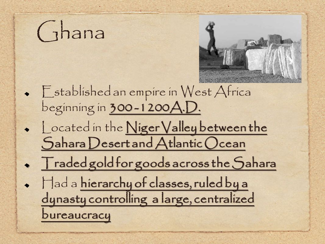 Ghana Established an empire in West Africa beginning in A.D.