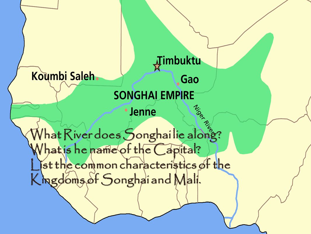 What River does Songhai lie along. What is he name of the Capital