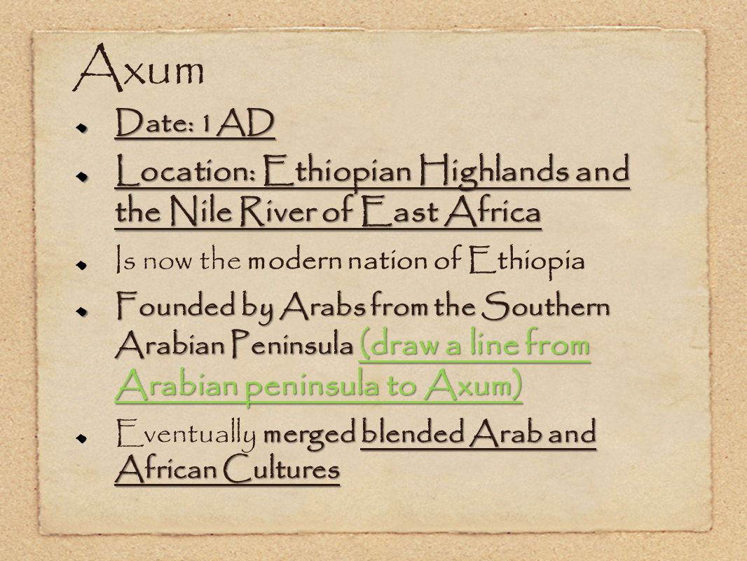 Axum Location: Ethiopian Highlands and the Nile River of East Africa