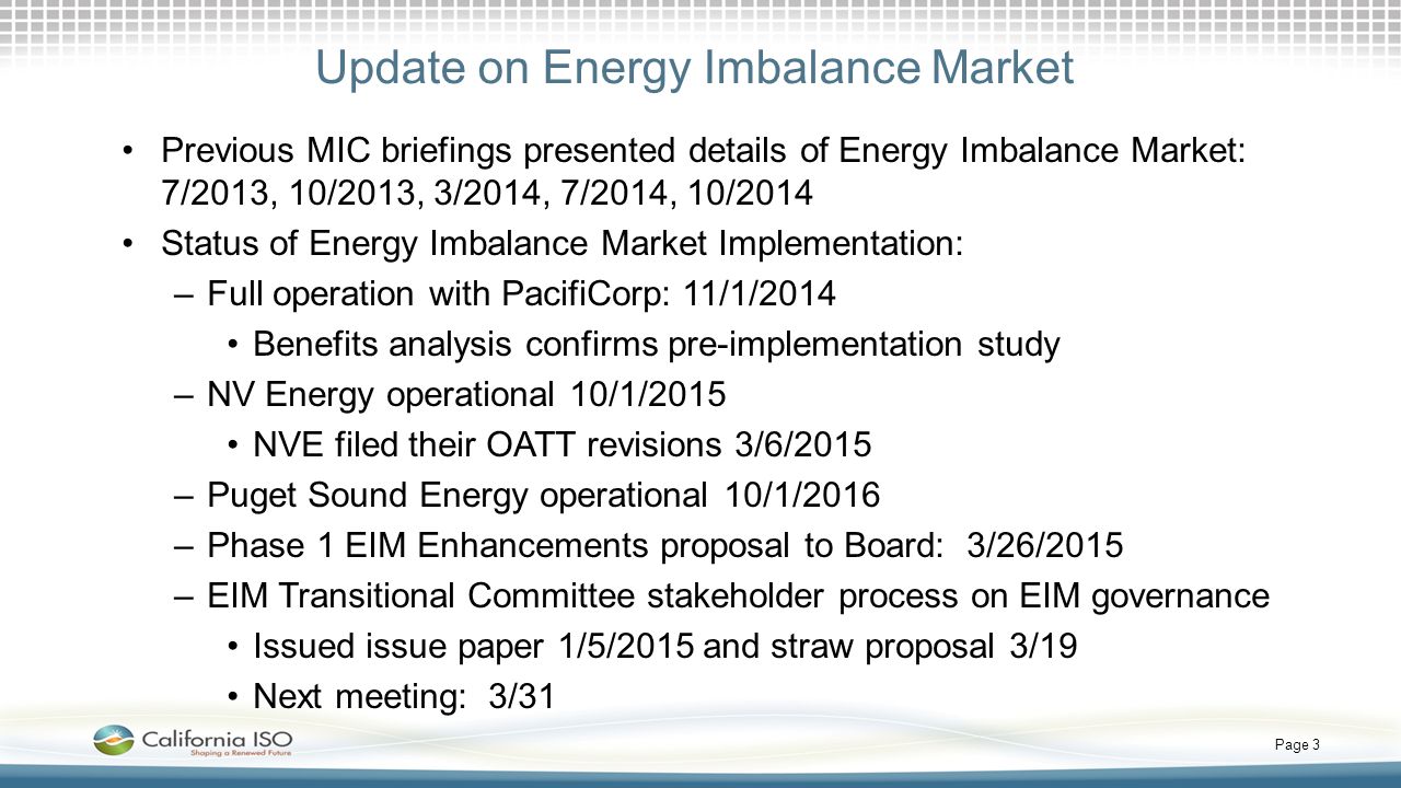 Update on Energy Imbalance Market
