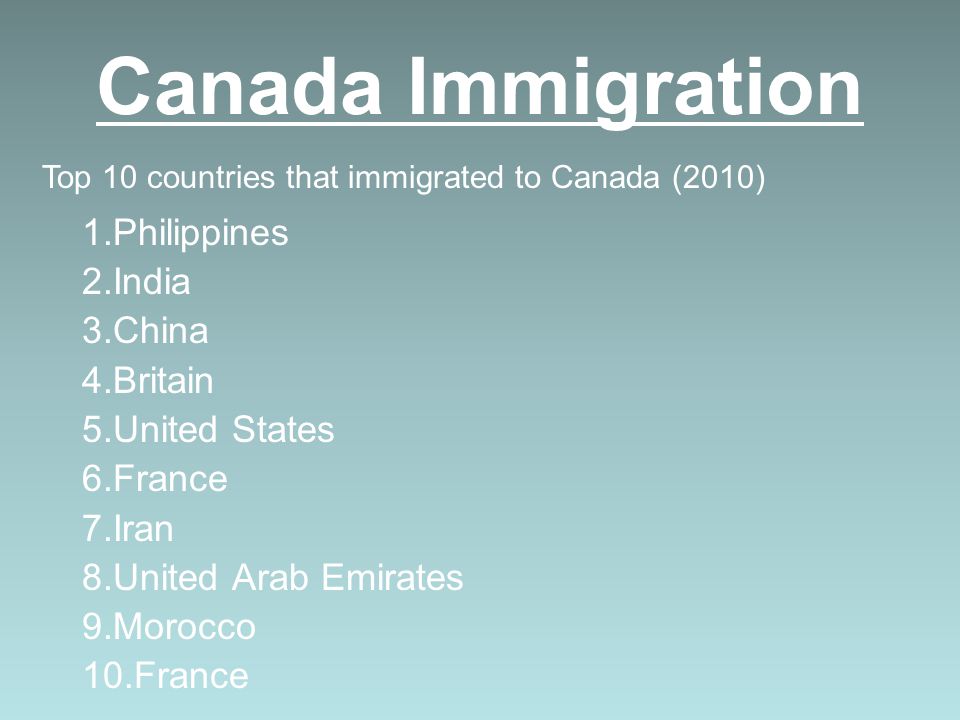 Canada Immigration 1.Philippines 2.India 3.China 4.Britain