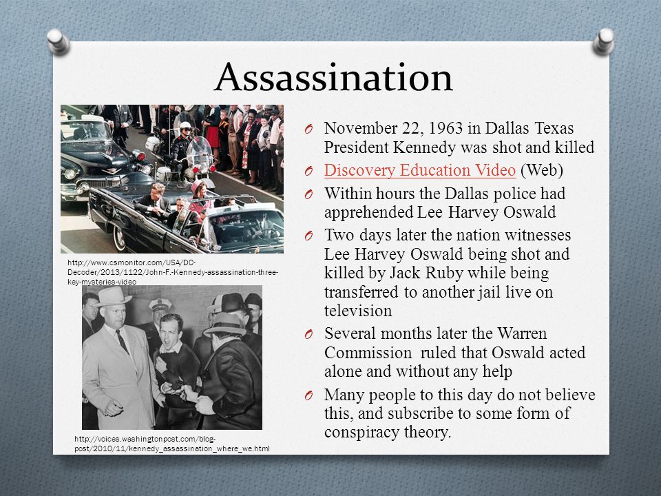 Assassination November 22, 1963 in Dallas Texas President Kennedy was shot and killed. Discovery Education Video (Web)