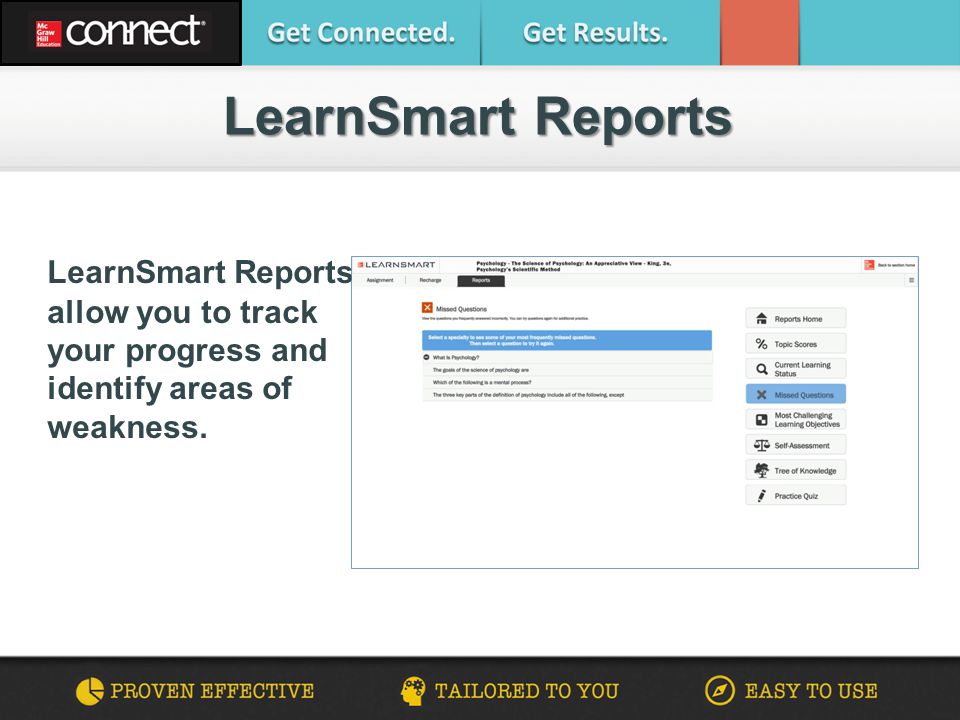 LearnSmart Reports LearnSmart Reports allow you to track your progress and identify areas of weakness.