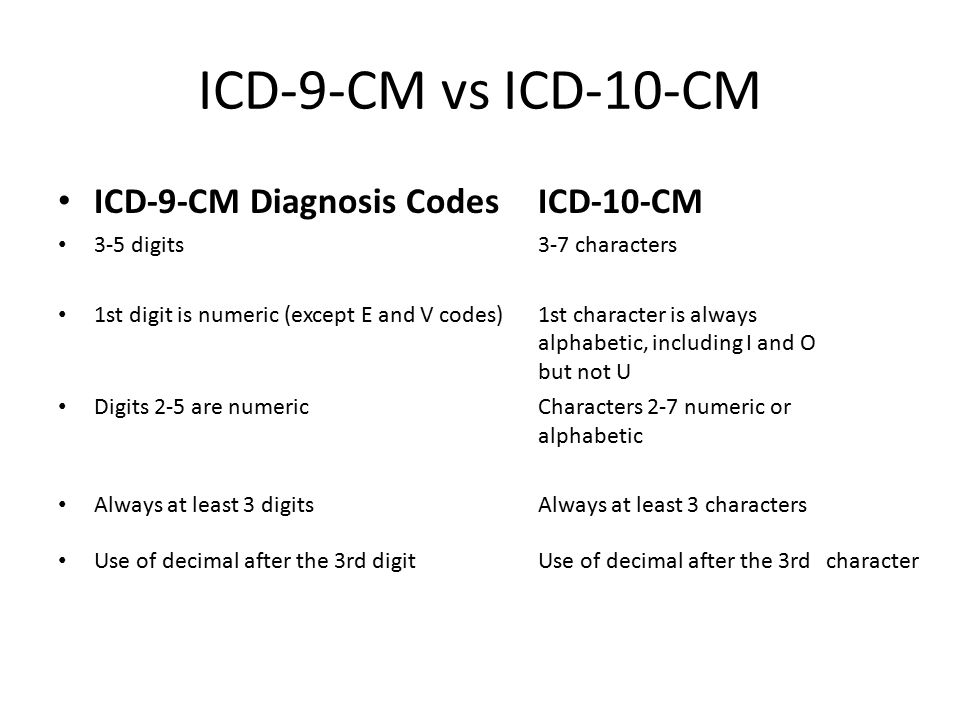 ICD-9-CM vs ICD-10-CM ICD-9-CM Diagnosis Codes ICD-10-CM