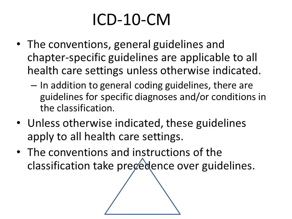 ICD-10-CM The conventions, general guidelines and chapter-specific guidelines are applicable to all health care settings unless otherwise indicated.