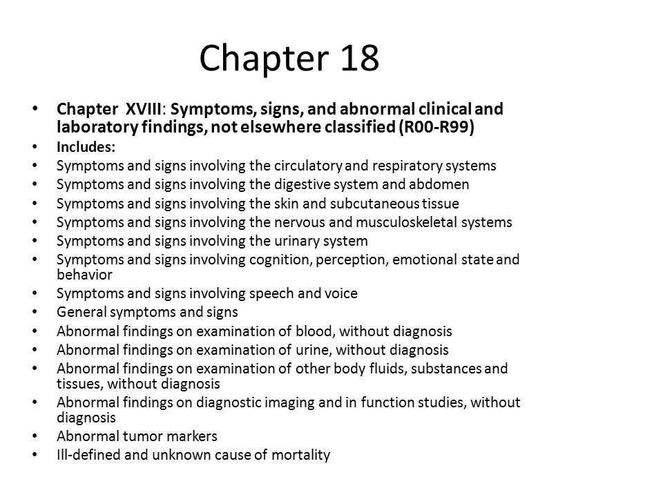 Chapter 18 Chapter XVIII: Symptoms, signs, and abnormal clinical and laboratory findings, not elsewhere classified (R00-R99)