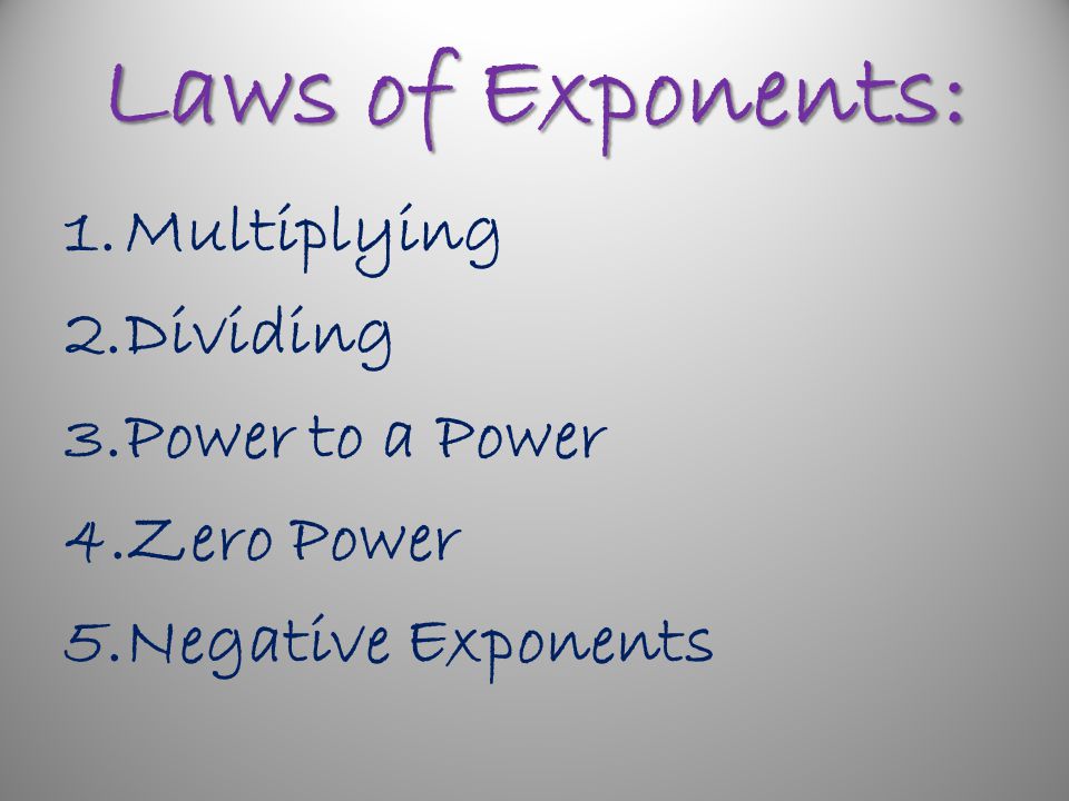 Laws of Exponents: Multiplying Dividing Power to a Power Zero Power