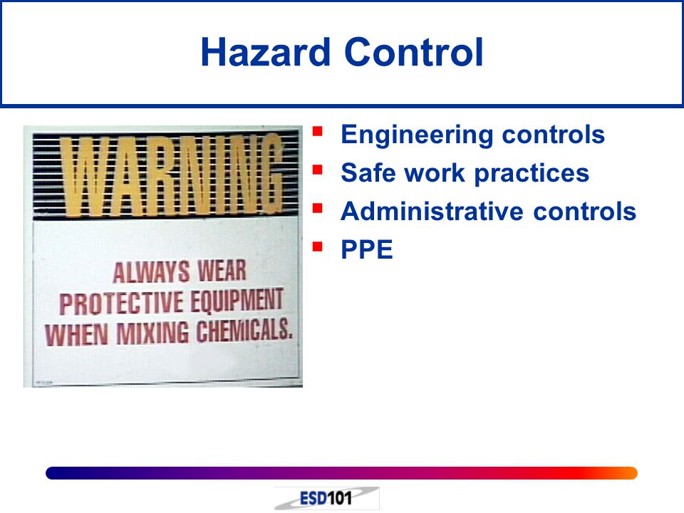 Hazard Control Engineering controls Safe work practices