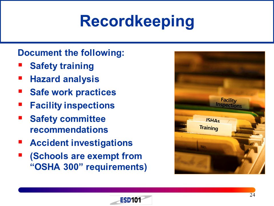 Recordkeeping Document the following: Safety training Hazard analysis