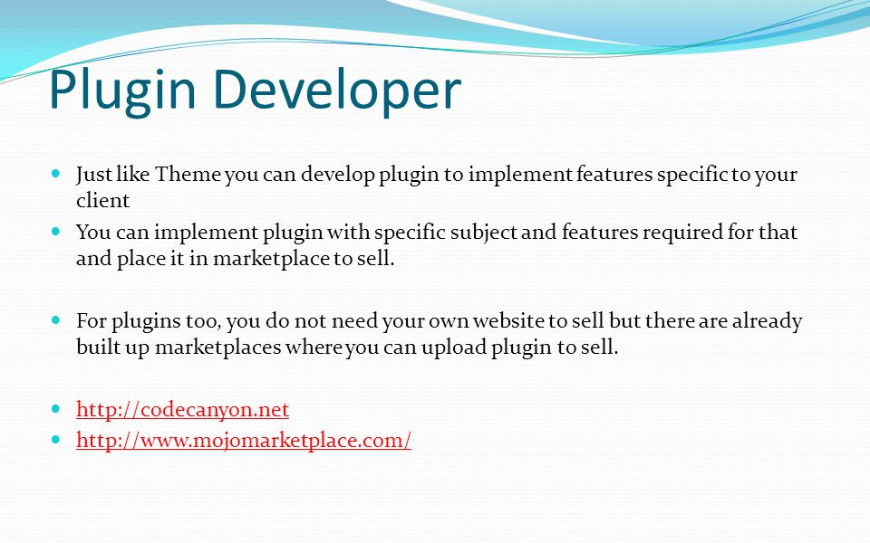 Plugin Developer Just like Theme you can develop plugin to implement features specific to your client.