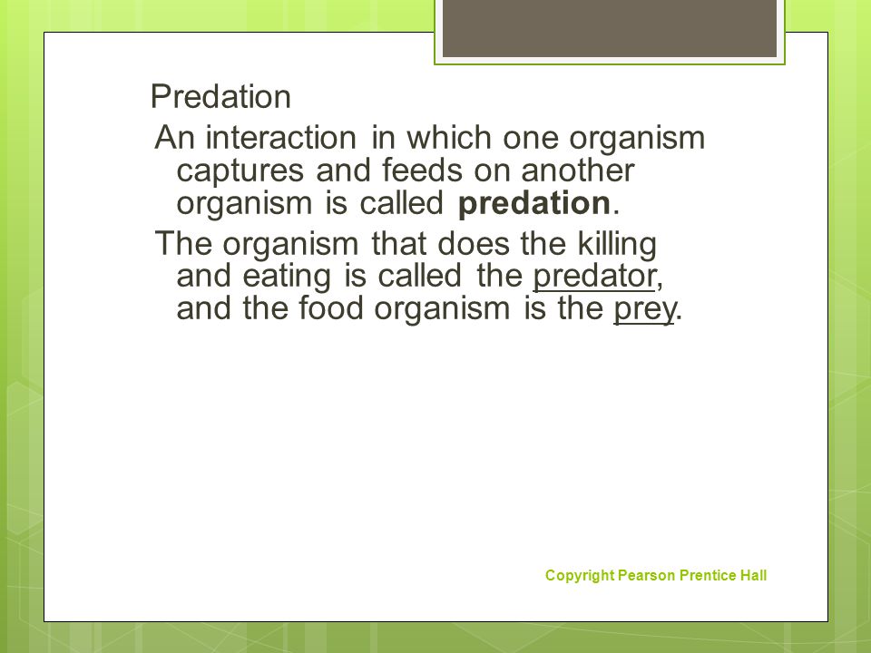 Predation An interaction in which one organism captures and feeds on another organism is called predation. The organism that does the killing and eating is called the predator, and the food organism is the prey.