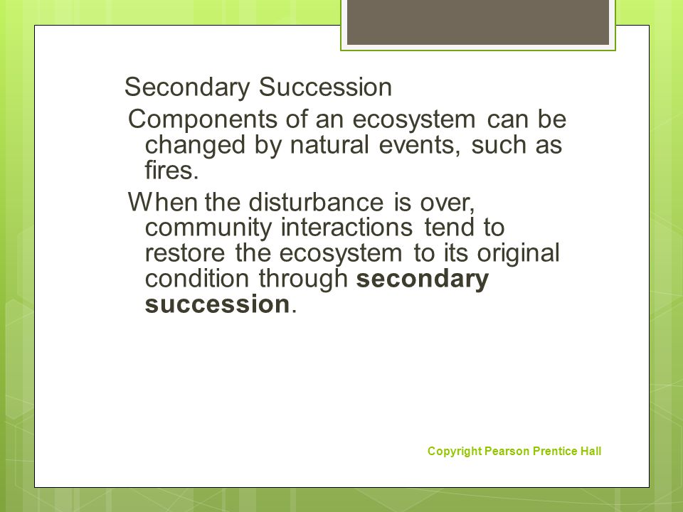 Secondary Succession Components of an ecosystem can be changed by natural events, such as fires. When the disturbance is over, community interactions tend to restore the ecosystem to its original condition through secondary succession.