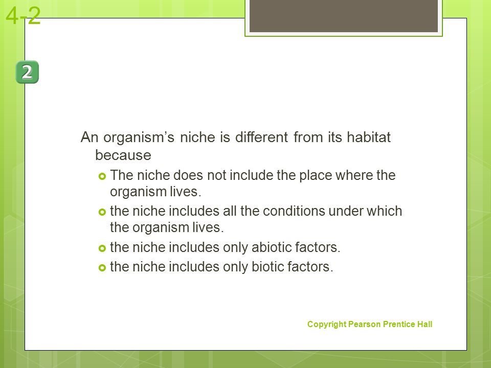 4-2 An organism’s niche is different from its habitat because