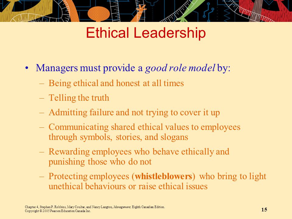 Ethical Leadership Managers must provide a good role model by: