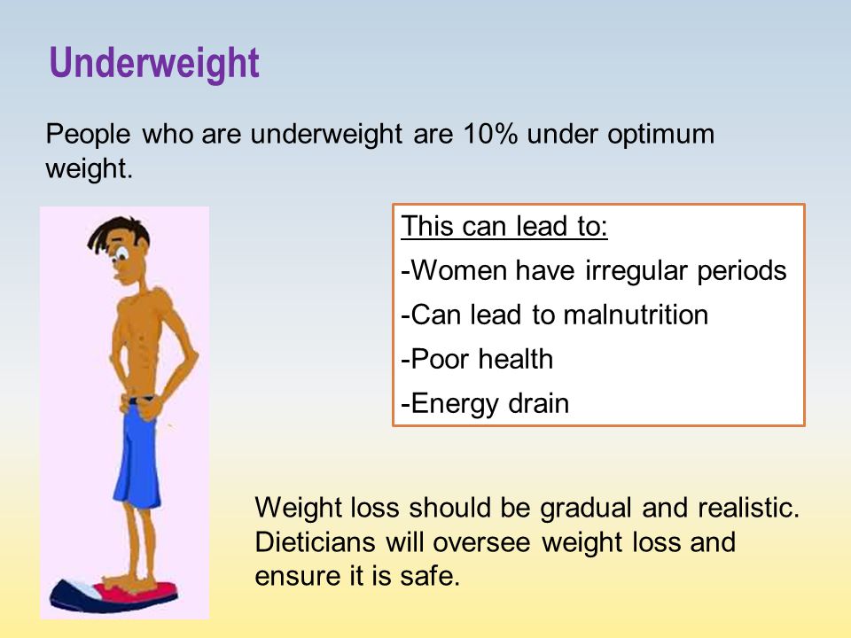 Underweight People who are underweight are 10% under optimum weight.