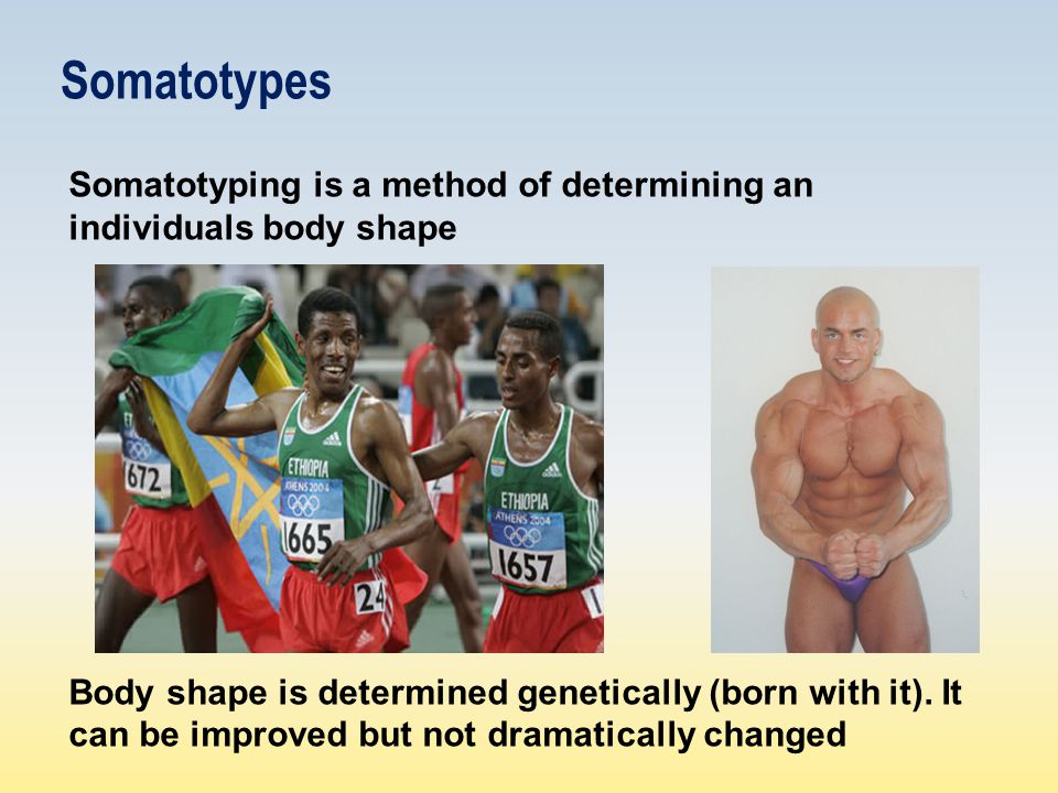 Somatotypes Somatotyping is a method of determining an individuals body shape.