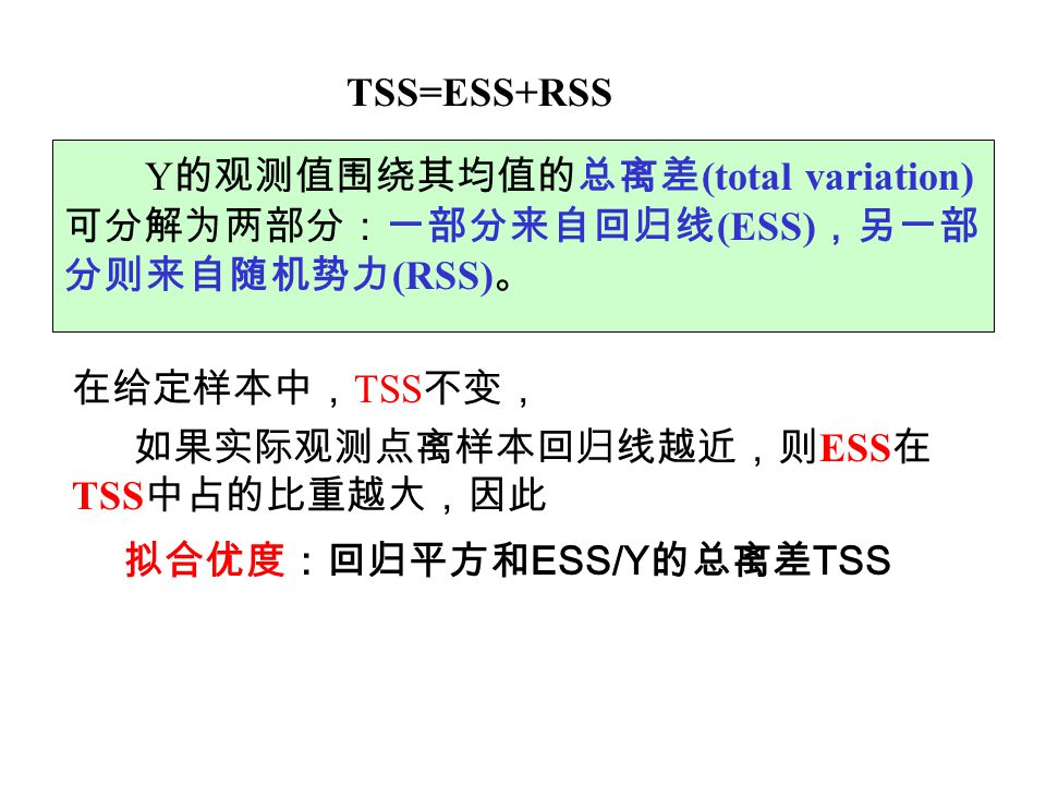 Y的观测值围绕其均值的总离差(total variation)可分解为两部分：一部分来自回归线(ESS)，另一部分则来自随机势力(RSS)。