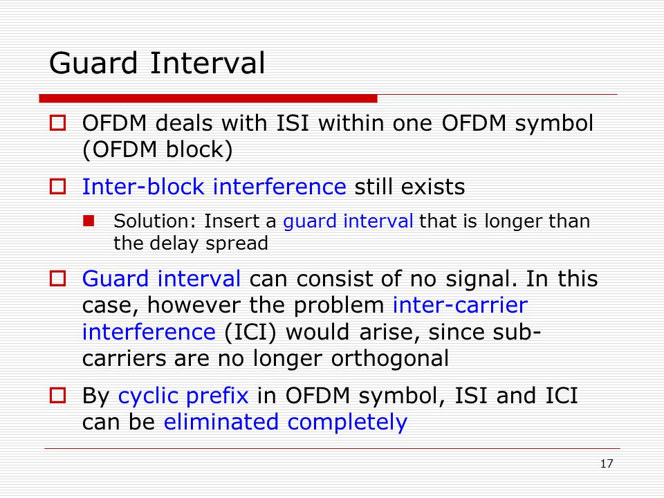 Guard Interval OFDM deals with ISI within one OFDM symbol (OFDM block)