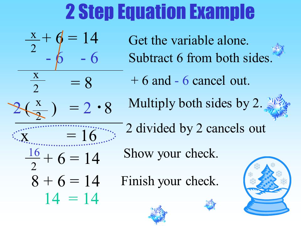 = 8 ( ) = x = 16 2 Step Equation Example Get the variable alone.