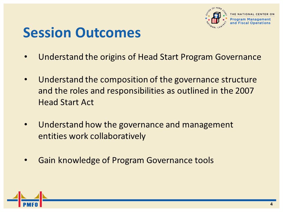 Session Outcomes Understand the origins of Head Start Program Governance.