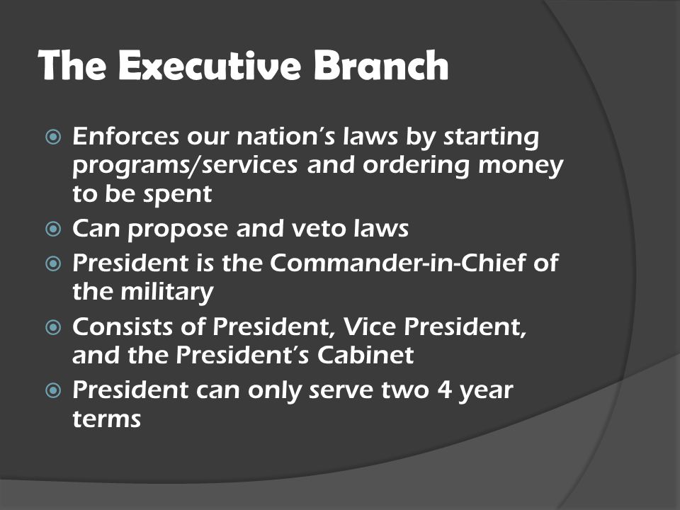 The Executive Branch Enforces our nation’s laws by starting programs/services and ordering money to be spent.