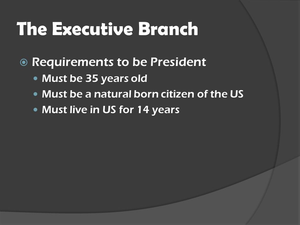 The Executive Branch Requirements to be President Must be 35 years old