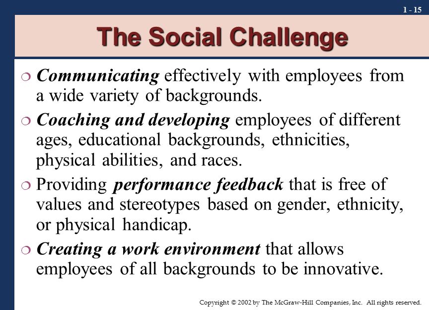 The Social Challenge Communicating effectively with employees from a wide variety of backgrounds.