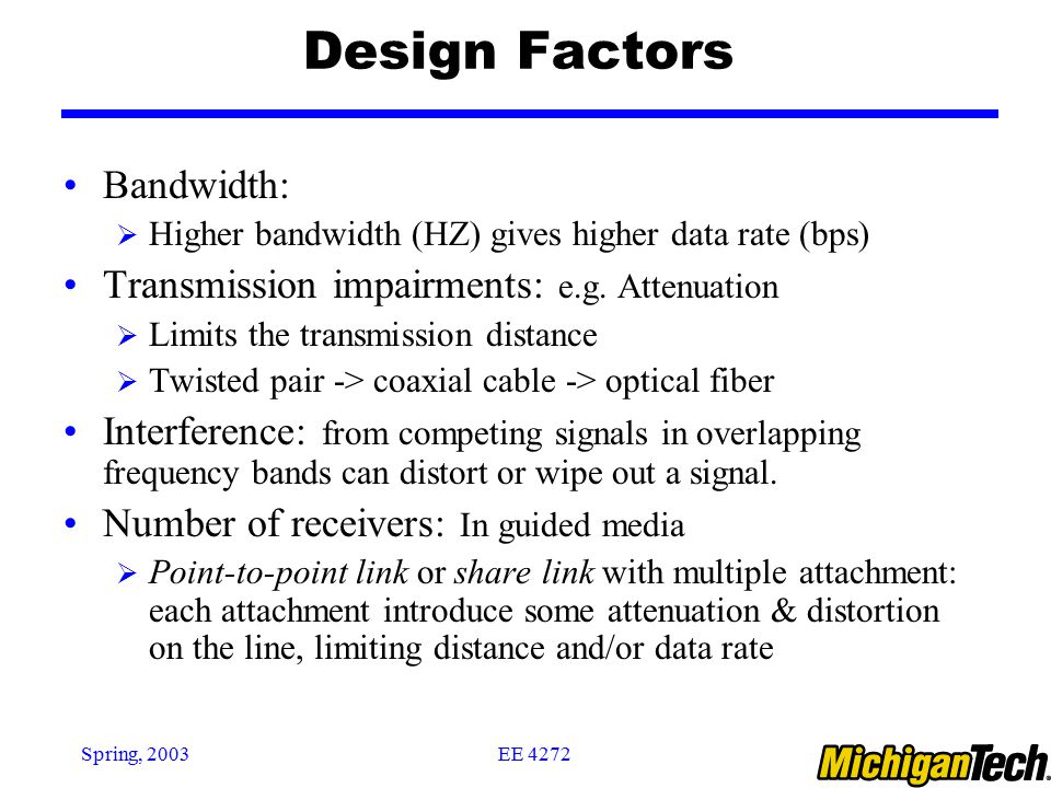 Design Factors Bandwidth: Transmission impairments: e.g. Attenuation