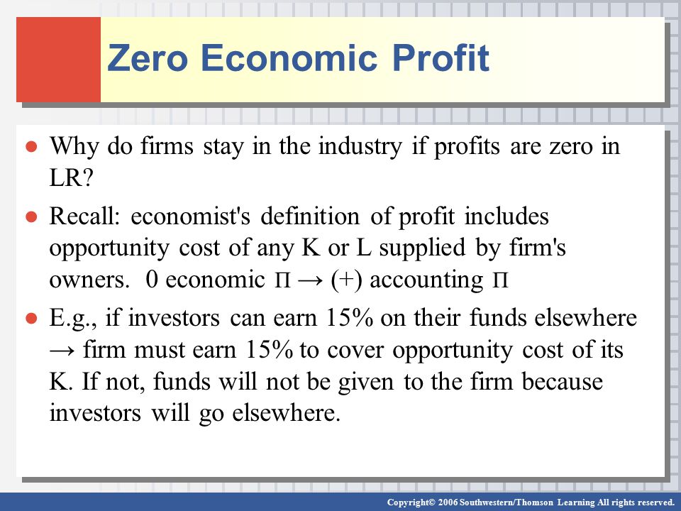 Zero Economic Profit Why do firms stay in the industry if profits are zero in LR