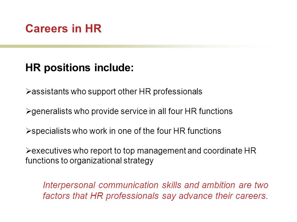 Careers in HR HR positions include: