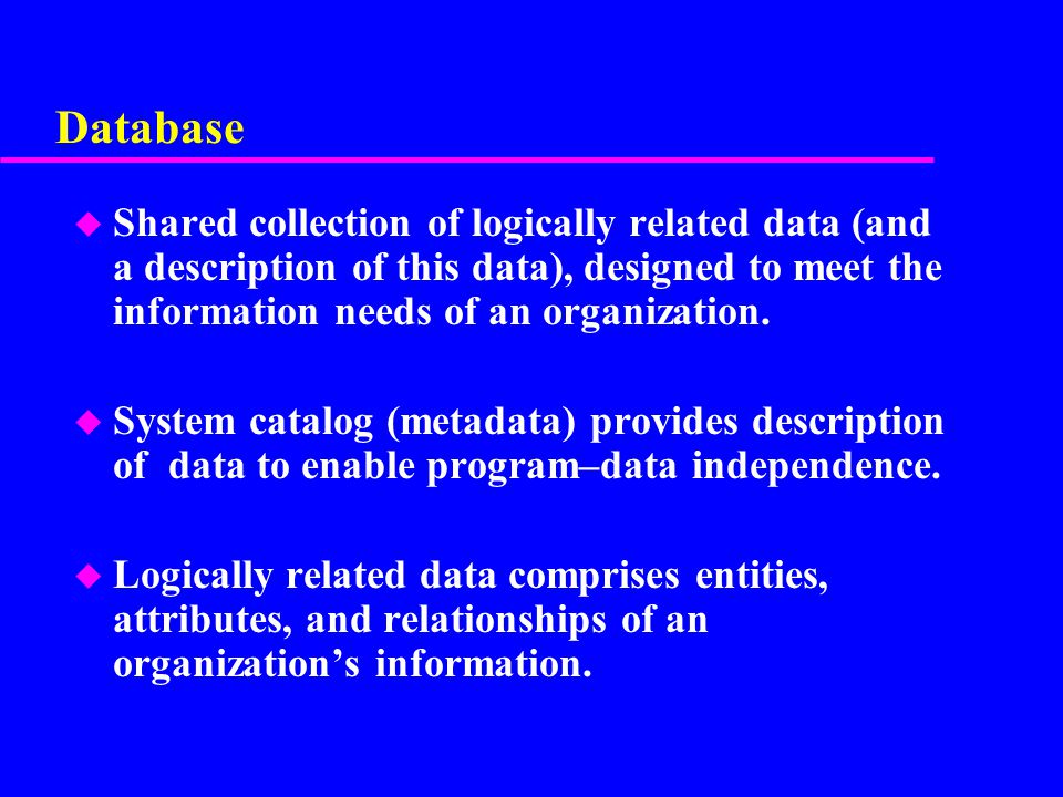 Database Shared collection of logically related data (and a description of this data), designed to meet the information needs of an organization.