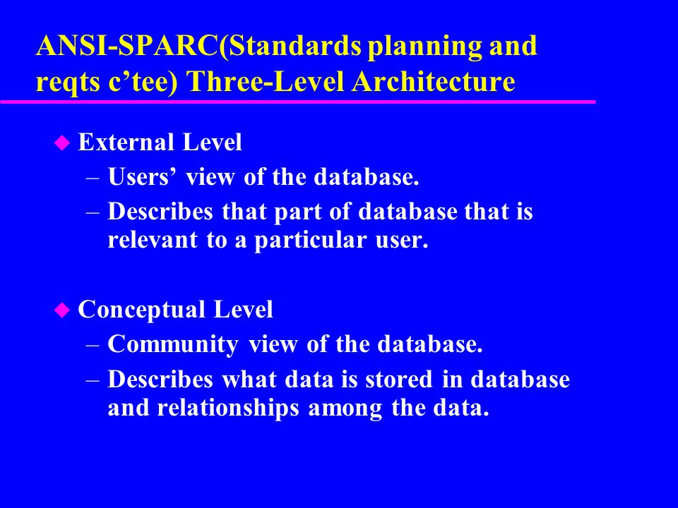 ANSI-SPARC(Standards planning and reqts c’tee) Three-Level Architecture