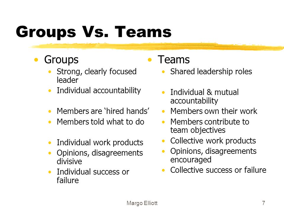 Groups Vs. Teams Groups Teams Strong, clearly focused leader