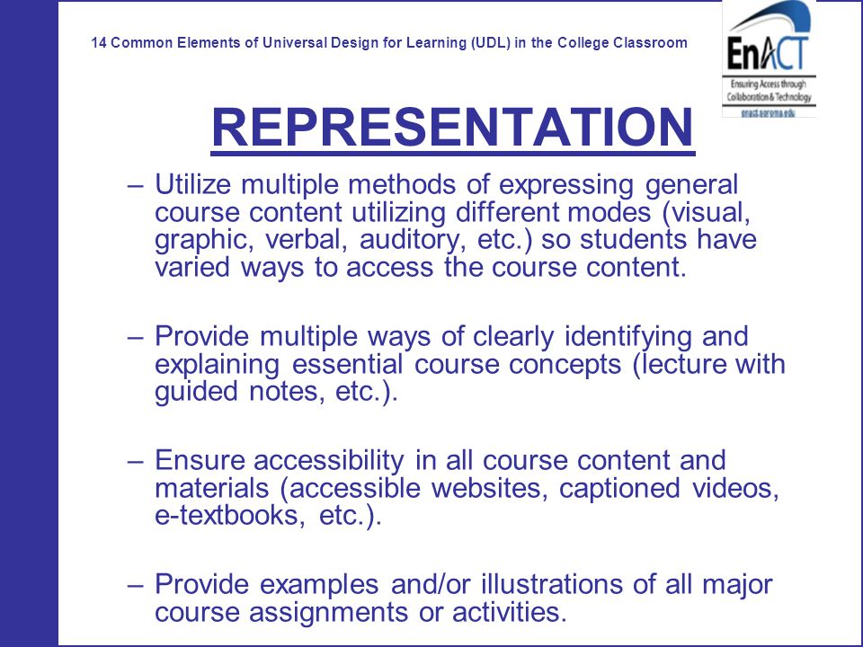 14 Common Elements of Universal Design for Learning (UDL) in the College Classroom