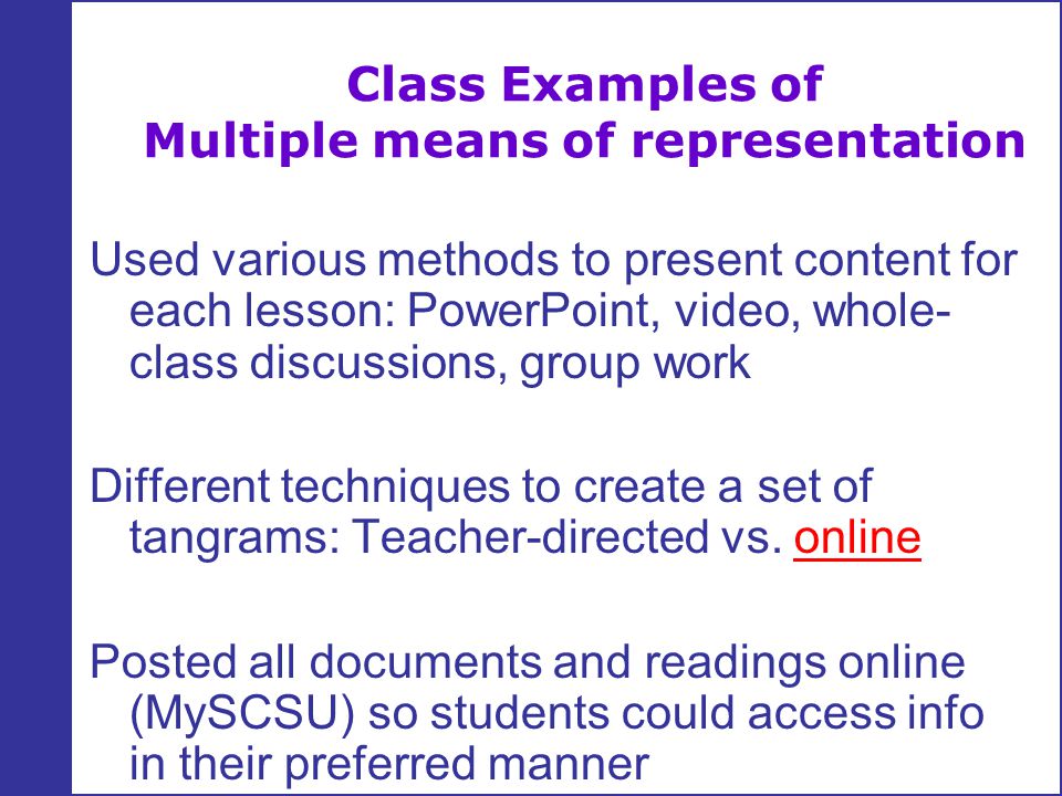 Class Examples of Multiple means of representation