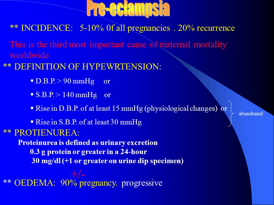 Pre-eclampsia ** INCIDENCE: 5-10% 0f all pregnancies . 20% recurrence. This is the third most important cause of maternal mortality worldwide.