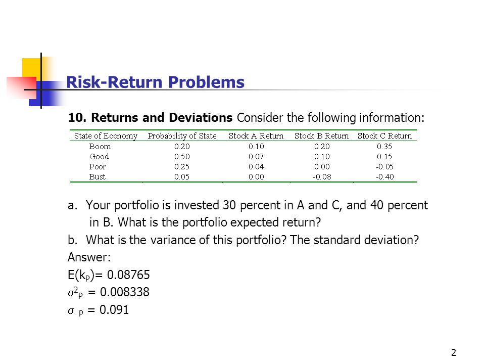 Risk-Return Problems 7. Calculating Returns and Deviations Based on the  following information, calculate the expected return and standard deviation  for. - ppt video online download