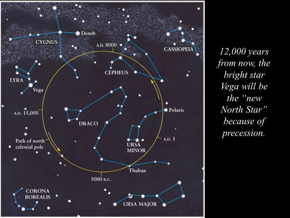 12,000 years from now, the bright star Vega will be the new North Star because of precession.