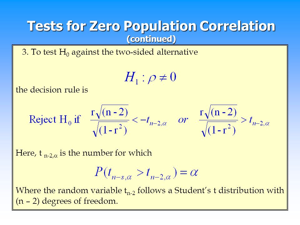 Tests for Zero Population Correlation (continued)