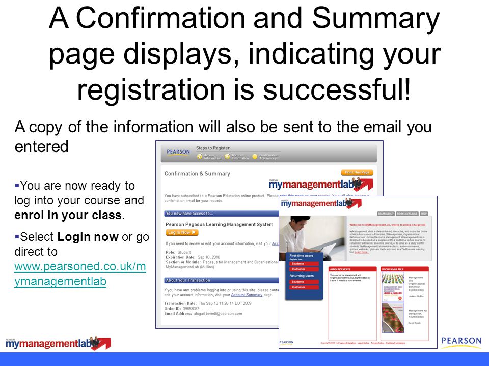 A Confirmation and Summary page displays, indicating your registration is successful!