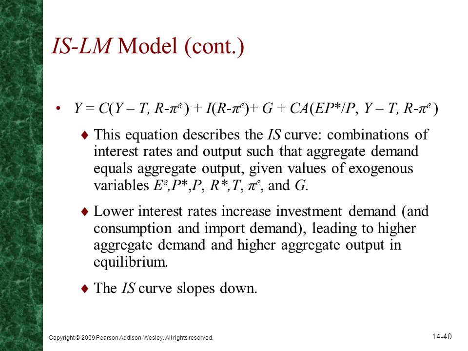 IS-LM Model (cont.) Y = C(Y – T, R-πe ) + I(R-πe)+ G + CA(EP*/P, Y – T, R-πe )