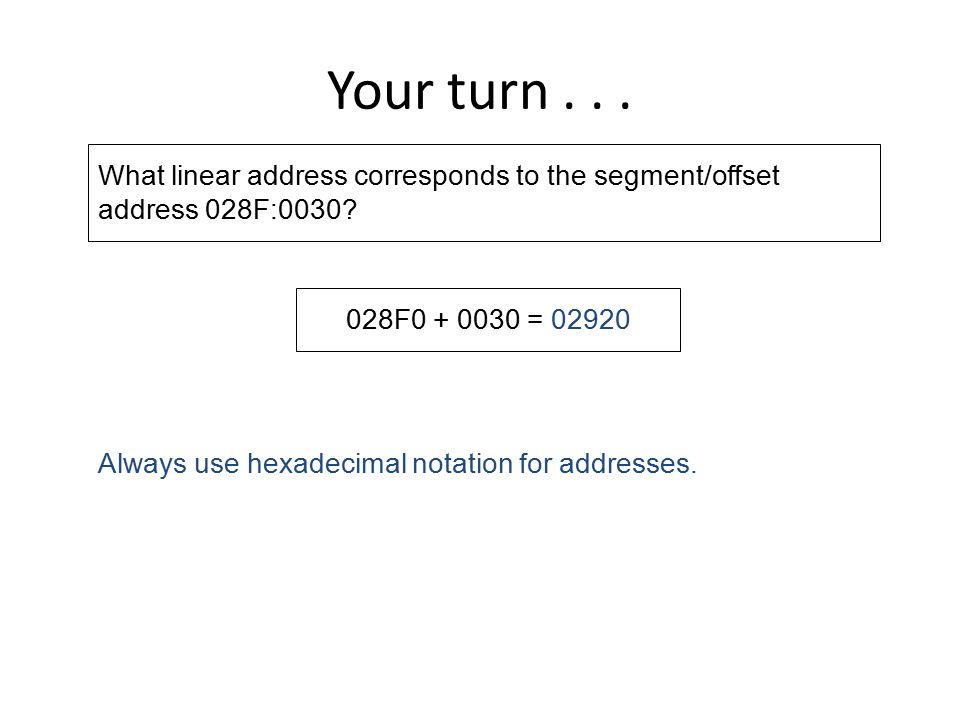 Your turn What linear address corresponds to the segment/offset address 028F: F =